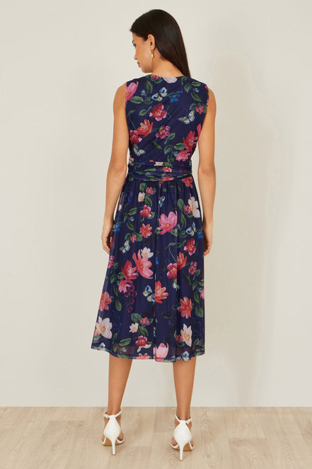 Yumi Navy Blurred Floral Print Mesh Stretch Midi Dress with Pockets