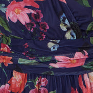 Yumi Navy Blurred Floral Print Mesh Stretch Midi Dress with Pockets