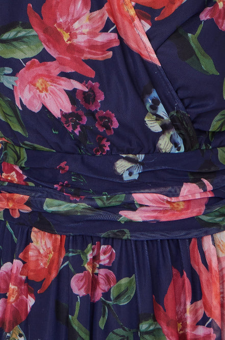 Yumi Navy Blurred Floral Print Mesh Stretch Midi Dress with Pockets