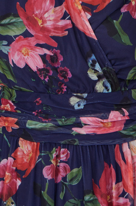 Yumi Navy Blurred Floral Print Mesh Stretch Midi Dress With Pockets