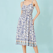 Yumi White Floral Border Print Viscose Midi Sun Dress