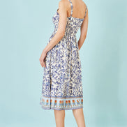 Yumi White Floral Border Print Viscose Midi Sun Dress