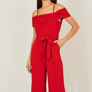 Yumi Red Stretch Bardot Jumpsuit