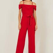 Yumi Red Stretch Bardot Jumpsuit