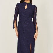 Yumi Navy Lace Fitted Midi Dress with Flute Sleeves