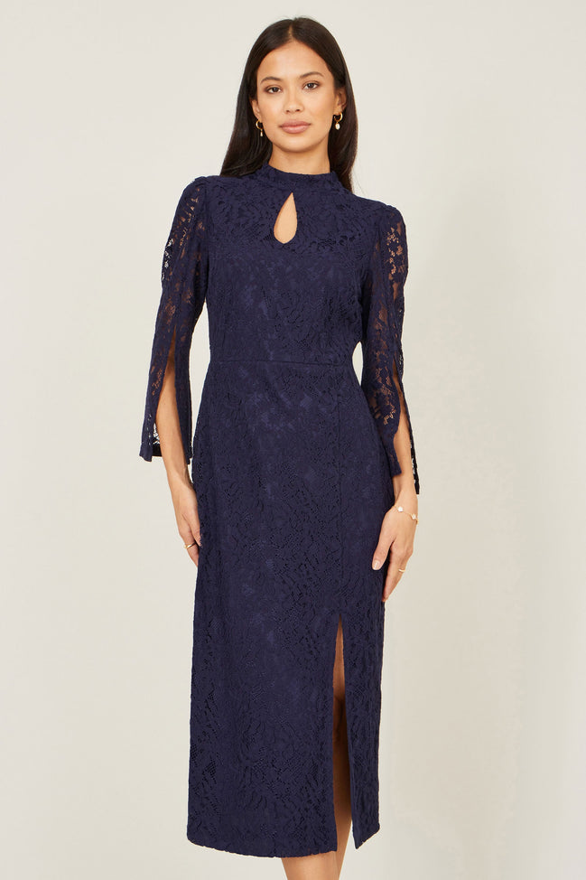 Yumi Navy Lace Fitted Midi Dress with Flute Sleeves