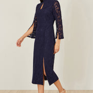 Yumi Navy Lace Fitted Midi Dress with Flute Sleeves