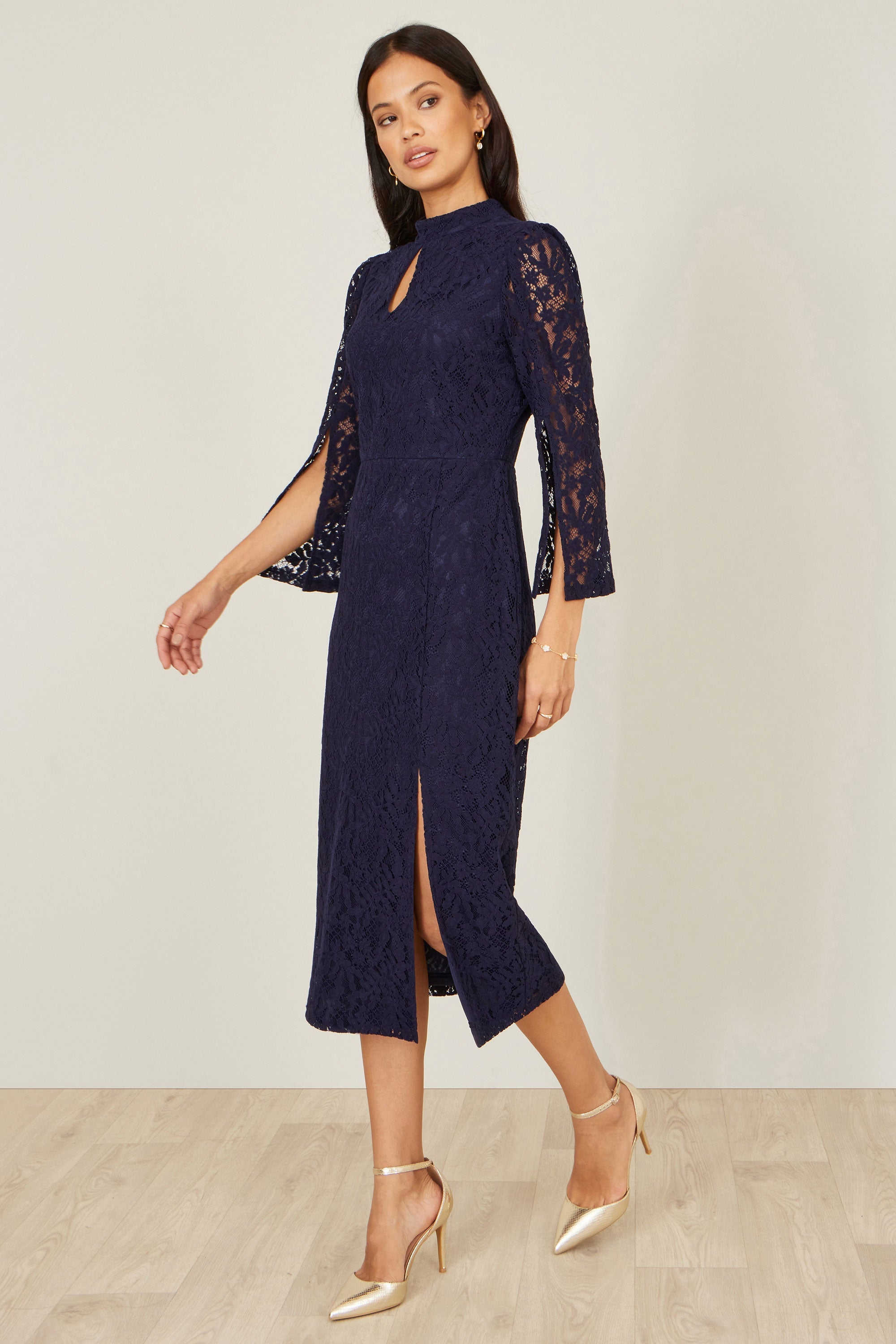 Yumi Navy Lace Fitted Midi Dress with Flute Sleeves