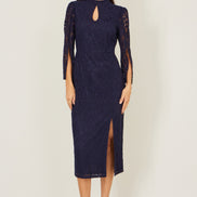 Yumi Navy Lace Fitted Midi Dress with Flute Sleeves