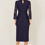 Yumi Navy Lace Fitted Midi Dress with Flute Sleeves