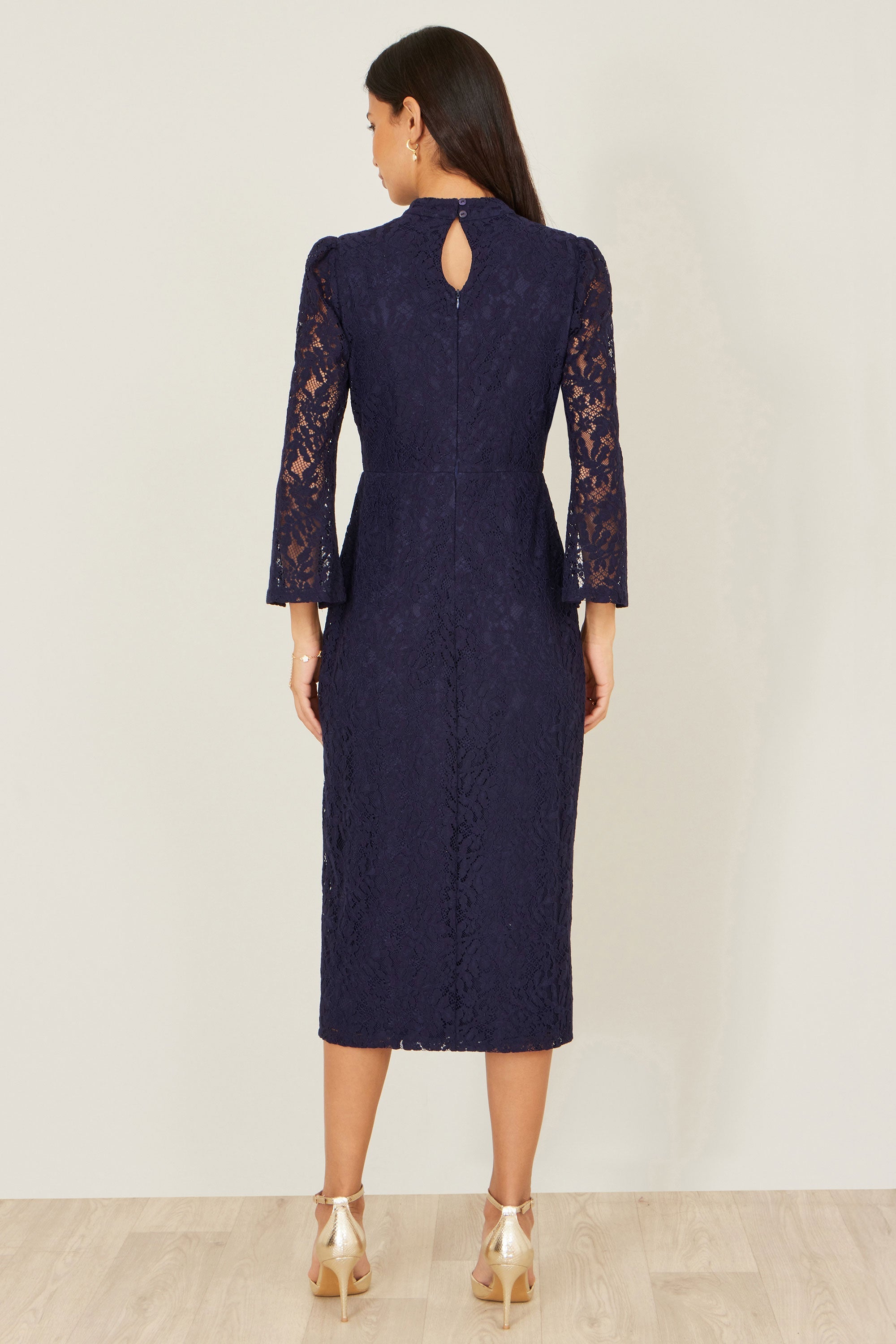 Yumi Navy Lace Fitted Midi Dress with Flute Sleeves