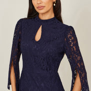 Yumi Navy Lace Fitted Midi Dress with Flute Sleeves