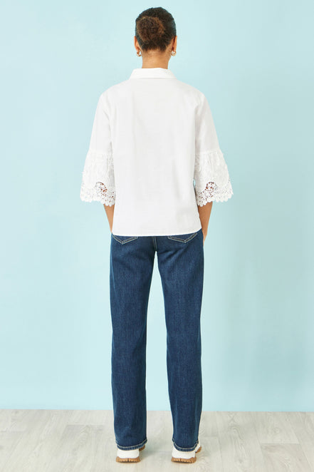 Yumi White Cotton Lace Border Shirt