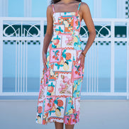 Yumi Multicolour Fruit Print Midi Sun Dress Ruched Back