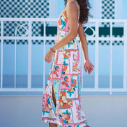 Yumi Multicolour Fruit Print Midi Sun Dress Ruched Back