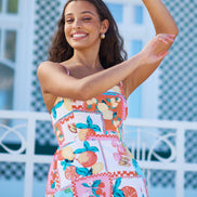 Yumi Multicolour Fruit Print Midi Sun Dress Ruched Back