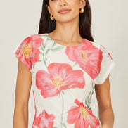 Yumi Ivory Poppy Print Mesh Top
