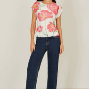 Yumi Ivory Poppy Print Mesh Top