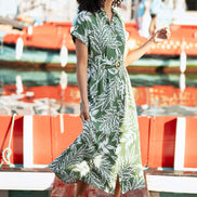 Yumi Green Leaf Print Viscose Relaxed Midi Shirt Dress