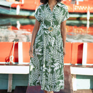 Yumi Green Leaf Print Viscose Relaxed Midi Shirt Dress