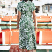 Yumi Green Leaf Print Viscose Relaxed Midi Shirt Dress
