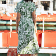 Yumi Green Leaf Print Viscose Relaxed Midi Shirt Dress