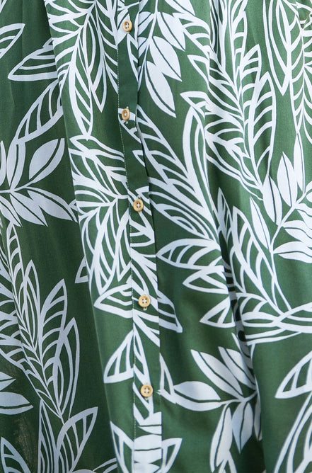 Yumi Green Leaf Print Viscose Relaxed Midi Shirt Dress
