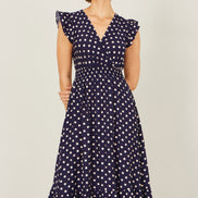 Yumi Navy Spot Ruched Waist Midi Dress