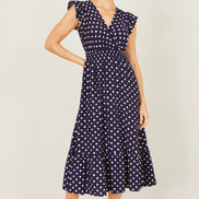 Yumi Navy Spot Ruched Waist Midi Dress