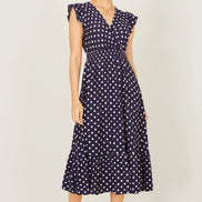 Yumi Navy Spot Ruched Waist Midi Dress