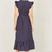 Yumi Navy Spot Ruched Waist Midi Dress