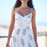 Yumi Ivory Foil Print Midi Sun Dress With Lace Trims