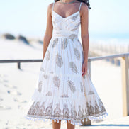 Yumi Ivory Foil Print Midi Sun Dress With Lace Trims