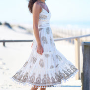 Yumi Ivory Foil Print Midi Sun Dress With Lace Trims