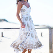 Yumi Ivory Foil Print Midi Sun Dress With Lace Trims