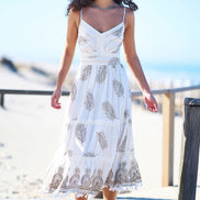 Yumi Ivory Foil Print Midi Sun Dress With Lace Trims
