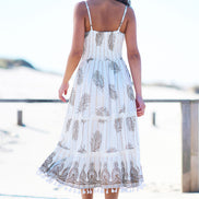 Yumi Ivory Foil Print Midi Sun Dress With Lace Trims