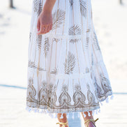 Yumi Ivory Foil Print Midi Sun Dress With Lace Trims