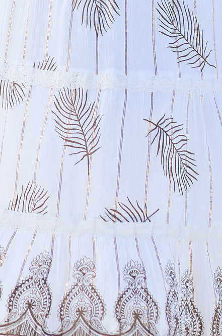 Yumi Ivory Foil Print Midi Sun Dress With Lace Trims