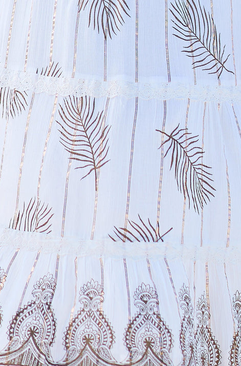 Yumi Ivory Foil Print Midi Sun Dress With Lace Trims