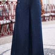 Yumi Blue Chambray Wide Leg Trousers with Button Details