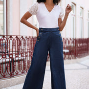 Yumi Blue Chambray Wide Leg Trousers with Button Details