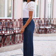 Yumi Blue Chambray Wide Leg Trousers with Button Details
