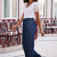 Yumi Blue Chambray Wide Leg Trousers with Button Details