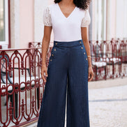 Yumi Blue Chambray Wide Leg Trousers with Button Details