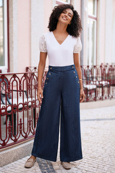Yumi Blue Chambray Wide Leg Trousers with Button Details