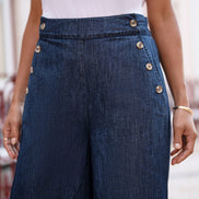 Yumi Blue Chambray Wide Leg Trousers with Button Details