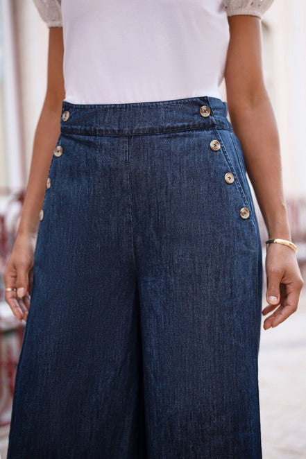 Yumi Blue Chambray Wide Leg Trousers with Button Details