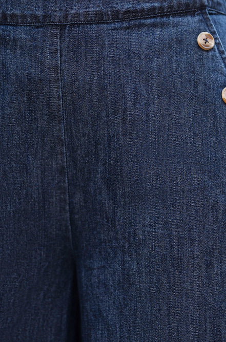 Yumi Blue Chambray Wide Leg Trousers with Button Details