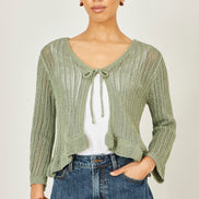 Yumi Green Tie Front Pointelle Cardigan